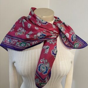 Vintage Scarf Made In Italy Pink Butterfly Large 33" Square Ornate‎ Flowers